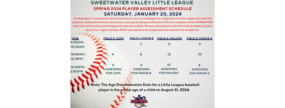 Spring 2024 Player assessment schedule