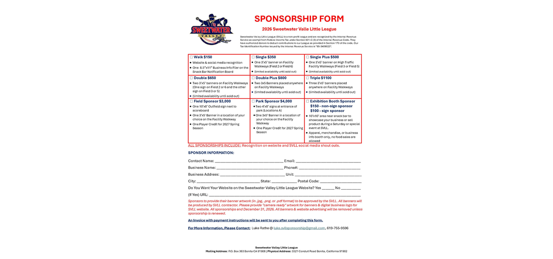Become a SVLL Sponsor today!!!