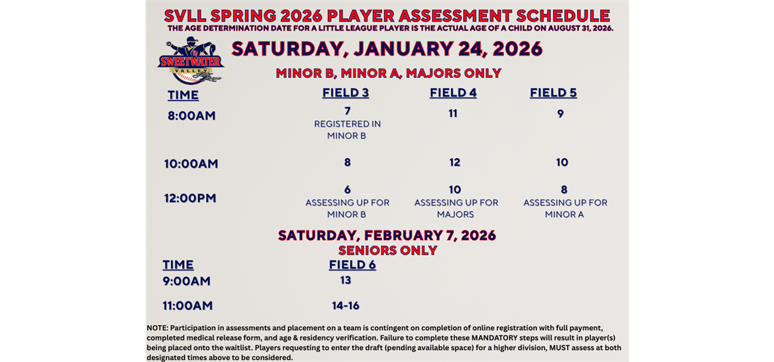 2026 SVLL Assessment Schedule